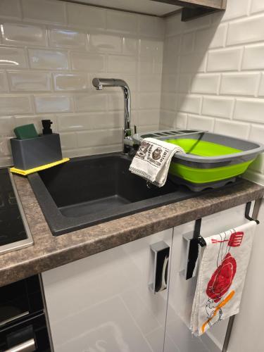 a kitchen sink with a green bowl on a counter at Apartman Marjanović Palić in Palić