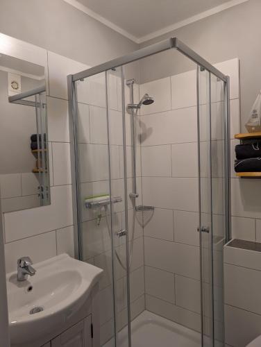 a bathroom with a glass shower and a sink at Klein Erna (Apth.Holländerei) in Büsum