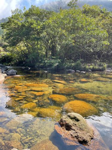 a river with rocks and trees in the background at Sambaqui Hostel in Ilhabela