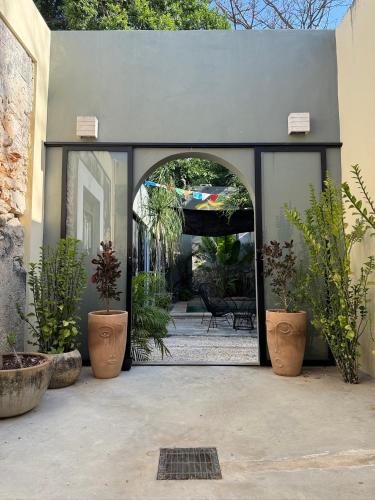 an open doorway to a patio with potted plants at Casa Ramon Merida 2 BR AC Private Pool Centro in Mérida