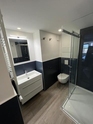 une salle de bain avec un lavabo, des toilettes et une douche dans l'établissement Appartement RDC 2-4 pers proche plage, à Quiberon