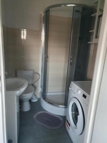 a bathroom with a shower and a washing machine at Domek w Zaciszu in Cieszyno