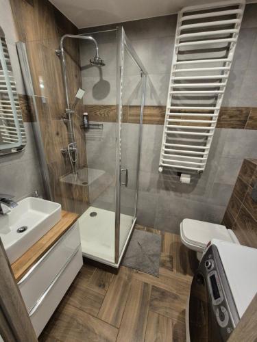 un bagno con doccia, lavandino e WC di Apartament Szklane Tarasy a Rzeszów