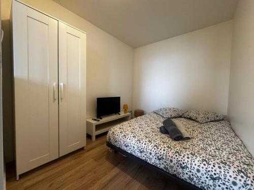 une chambre avec un lit et une télévision à écran plat dans l'établissement Cosy et efficace, à Grézieu-la-Varenne