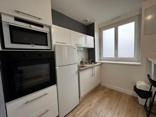 une petite cuisine avec un réfrigérateur et un micro-ondes dans l'établissement Cosy et efficace, à Grézieu-la-Varenne