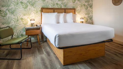 格伦代尔The LEEF Hotel的一间卧室，配有一张床、一把椅子和一张书桌