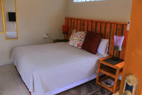 a bedroom with a white bed with a wooden headboard at Gwanxhae Boutique Accommodation in Maun