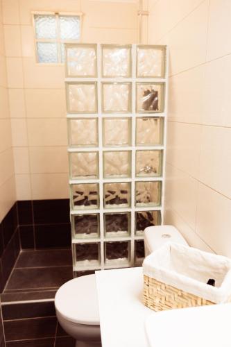 a bathroom with a toilet and a shelf of wine bottles at Mnēmes Residence in Sozopoli