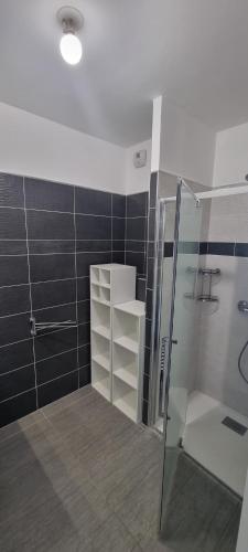 La salle de bains est pourvue d'une douche et d'une cabine de douche en verre. dans l'établissement Magnifique appartement traversant à 300 m de la plage, à Calvi