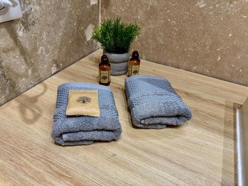 deux serviettes sur une table avec une plante en pot dans l'établissement Studio cosy, terrasse, proche Mer et tramway, à Nice