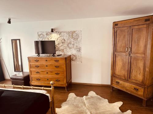 a bedroom with a bed and a dresser with a television on it at Casa Pisica Noastra in Breaza