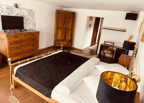 a bedroom with a bed and a dresser with a television at Casa Pisica Noastra in Breaza