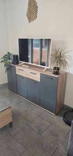 un bureau avec des plantes sur lui dans l'établissement Studio au coeur de l'Esterel à Théoule-sur-Mer, à Théoule-sur-Mer