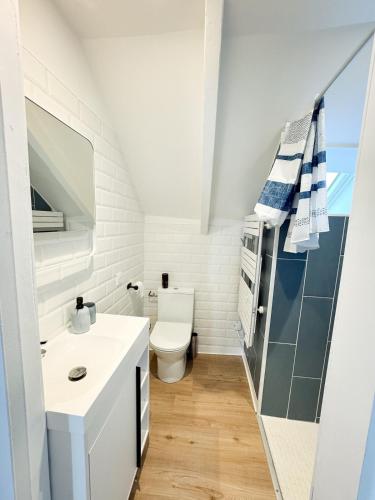 une salle de bain blanche avec des toilettes et un lavabo dans l'établissement Brise Marine, au Vivier-sur-Mer