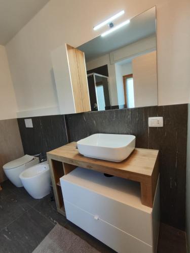 a bathroom with a sink and a toilet and a mirror at Fiada Holiday Home in Albosaggia