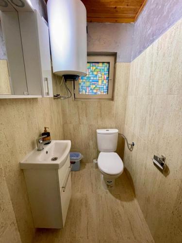 a bathroom with a toilet and a sink and a window at La Cico 1 in Dubova