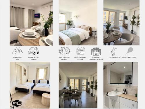 a collage of photos of a hotel room at Modern Apartment - Free Parking in London