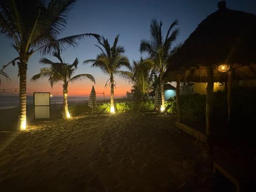 a beach at night with palm trees and lights at Villa Marena Hotel Boutique in Coyuca