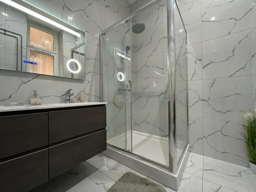a bathroom with a shower and a sink at JohnGold Gold Room in Debrecen