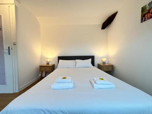 a bedroom with a large white bed with two night stands at S Au détour de la meuse Maison 2 Chambres au centre in Revin