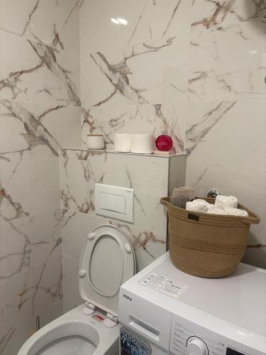 a bathroom with a toilet and a washing machine at Apartman ADA in Železnička Stanica Incel