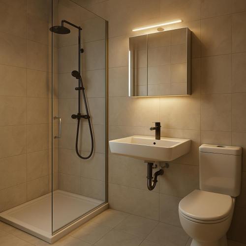 a bathroom with a shower and a toilet and a sink at WzW Apartments - Wohnraum zum Wohlfühlen in Neubrandenburg