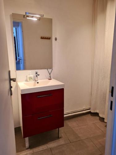 une salle de bain avec un lavabo et un miroir dans l'établissement Studio proche de la mer, à Saint-Quay-Portrieux