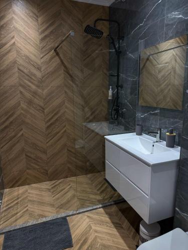 a bathroom with a white sink and a shower at TisArt Hotel in Tismana