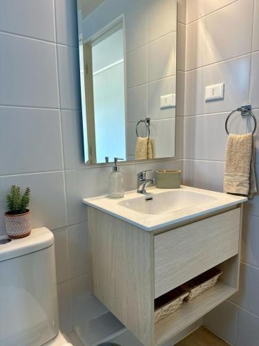 a bathroom with a sink and a mirror at Vintage departamento in Los Ángeles