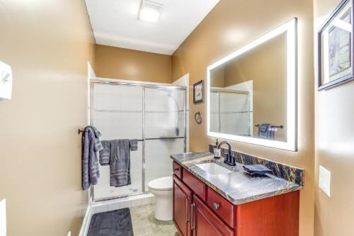 a bathroom with a sink and a shower at 3 Mi Beech Mtn Resort: Cozy Studio w/ Deck & View! in Beech Mountain