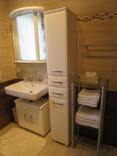 a bathroom with a sink and a mirror and a sink at Ferienwohnung 2 Ferienwohnungen Sattler in St. Andrä am Zicksee