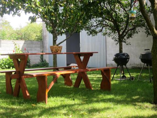 a picnic table in the grass next to a grill at Ferienwohnung 2 Ferienwohnungen Sattler in St. Andrä am Zicksee