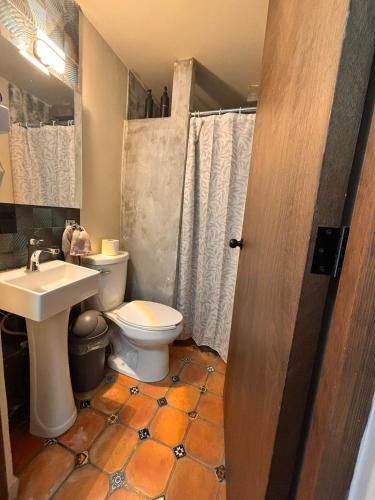 a bathroom with a toilet and a sink at La Estancia del Rey David in San Luis Potosí