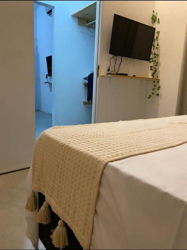 a bedroom with a bed with a tv on the wall at chalé com cozinha dois quartos e piscina privativa in Fortim