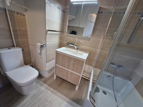 une salle de bain avec toilettes, lavabo et douche dans l'établissement Studio moderne à Super Besse pour 4 pers, accès aux pistes - FR-1-814-123, à Besse-et-Saint-Anastaise