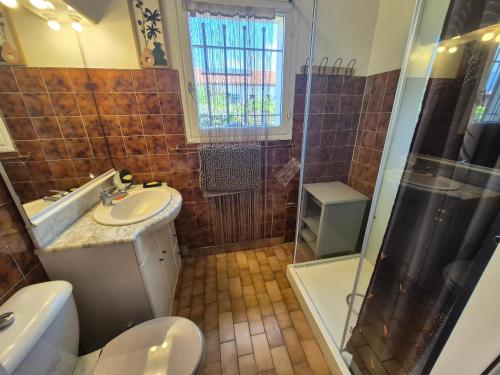 une salle de bain avec toilettes, lavabo et douche dans l'établissement Villa climatisée avec belle terrasse et jardin à Saint-Génis-des-Fontaines - FR-1-776-133, à Saint-Génis