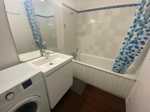 une salle de bain avec un lavabo et une machine à laver dans l'établissement Studio fonctionnel à Super Besse, skis aux pieds ! - FR-1-814-107, à Besse-et-Saint-Anastaise