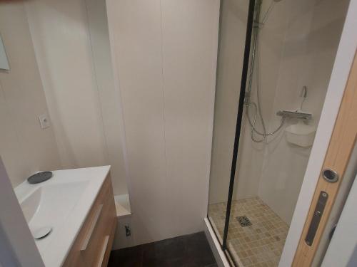 La petite salle de bains est pourvue d'une douche et d'un lavabo. dans l'établissement Studio Cabine Rénové, Terrasse et Parking, à 500m de la Plage - FR-1-776-61, à Argelès-sur-Mer