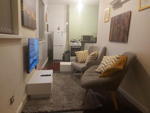 a living room with two couches and a tv at Private 1 Bed Flat Near The Aston Villa Park in Birmingham
