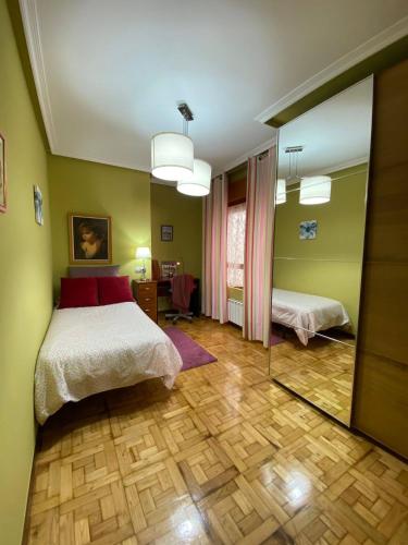 a bedroom with a bed and a large mirror at Luminoso apartamento en Grado, cerca de Oviedo in Grado