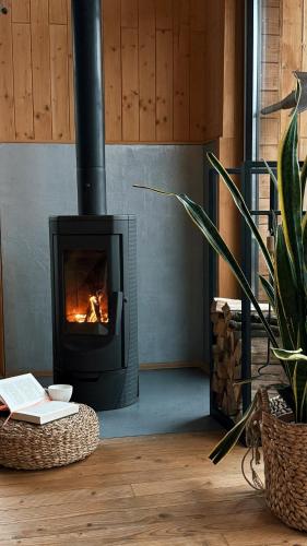 a fireplace in a living room with a book at tbarn - Будинок з чаном в Карпатах - tranquilo barn in Starunya