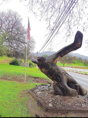 a statue of a person laying on the ground next to a flag at Sequoia Eagle Nest in Three Rivers
