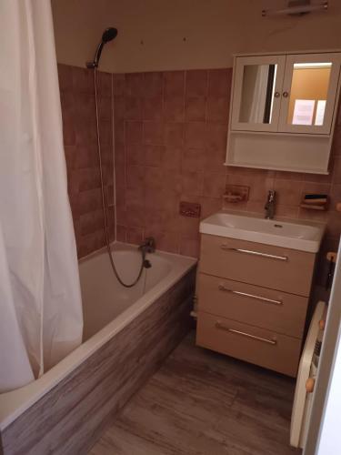 a bathroom with a shower and a tub and a sink at Appartement confortable avec vue sur la montagne in Notre-Dame-de-Bellecombe