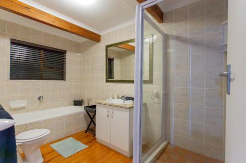 a bathroom with a shower and a toilet and a sink at Mi Vida - Wilderness in Wilderness