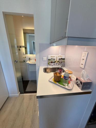 - un comptoir de cuisine avec une plaque de cuisson dans l'établissement Paris 17 - Coeur Batignolles - Beau studio 10 m2 -110 sqf - Etat neuf - Calme - Idéal une personne - single occupancy, à Paris