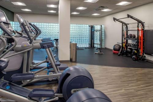 a gym with treadmills and machines in a room at Hampton Inn By Hilton St Louis Airport in Saint Louis