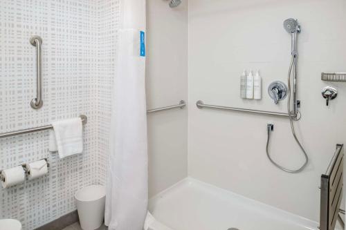 a white bathroom with a shower and a toilet at Hampton Inn By Hilton St Louis Airport in Saint Louis