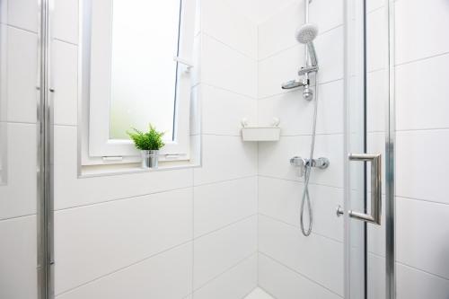 a bathroom with a shower and a mirror at DV Apartment in Pješčana Uvala 