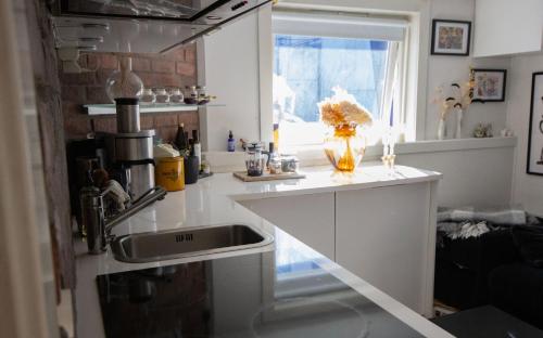 a kitchen with a counter with a sink and a window at Cozy studio apartment in Oslo