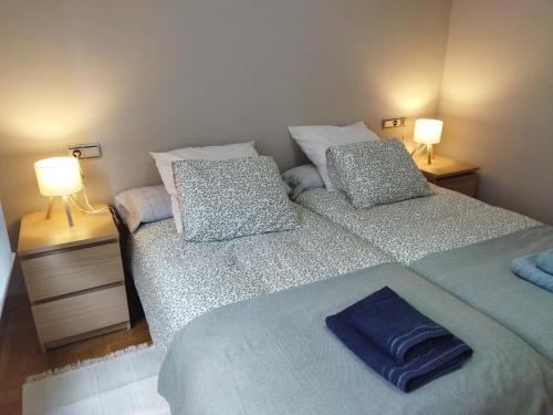 two beds in a small room with two lamps at Céntrico apartamento Oviedo Parking y wifi gratuitos Admite mascotas in Oviedo